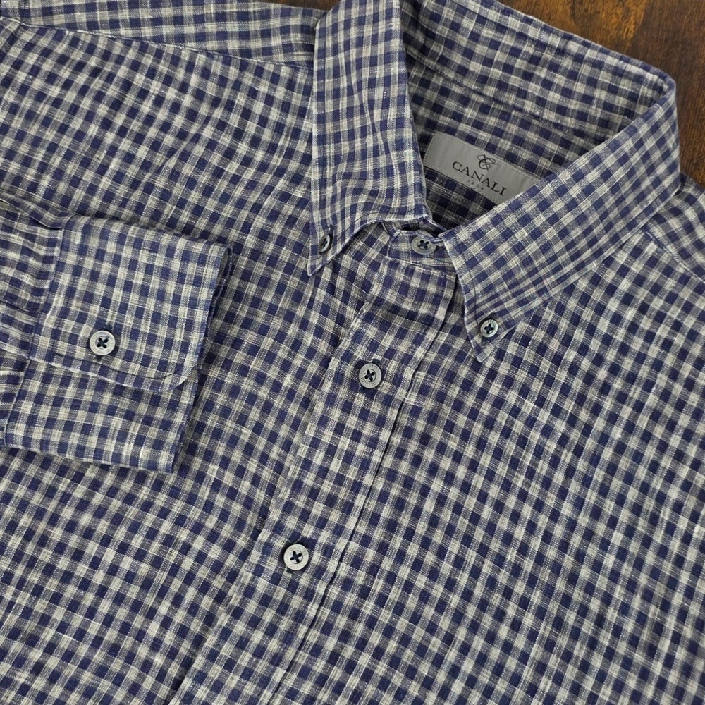 Canali Gingham Check Linen Button Down Shirt Mens XL Blue‎ Grey Made in Italy